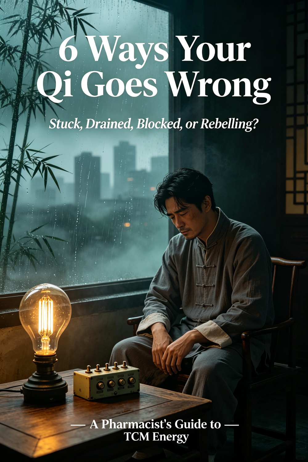6 Ways Your Qi Goes Wrong — TCM qi disorders explained by a licensed pharmacist: deficiency, sinking, stagnation, rebellion, collapse and blockage. Cover shows a weary man in Tang-style clothing by a misty rain window with a glowing vintage lightbulb and a 6-switch fuse box.