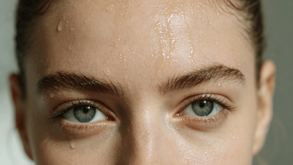 Close-up of a woman's forehead showing oily, sweaty skin — the heavy damp, sticky feeling associated with TCM dampness