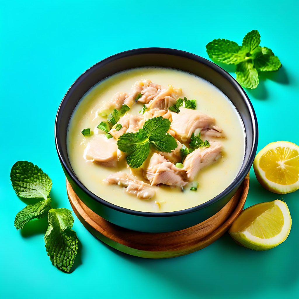 Bowl of homemade chicken soup with white broth, chicken pieces, fresh coriander and lemon slices