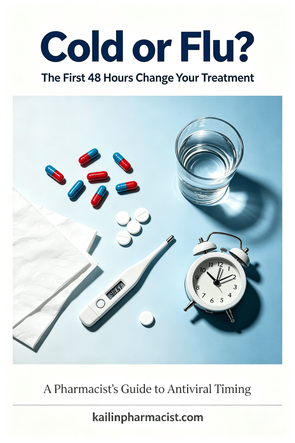 Cold or Flu? The First 48 Hours Change Your Treatment — a pharmacist's blog cover showing cold and flu medicine items: capsules, thermometer, alarm clock, tissues and a glass of water.