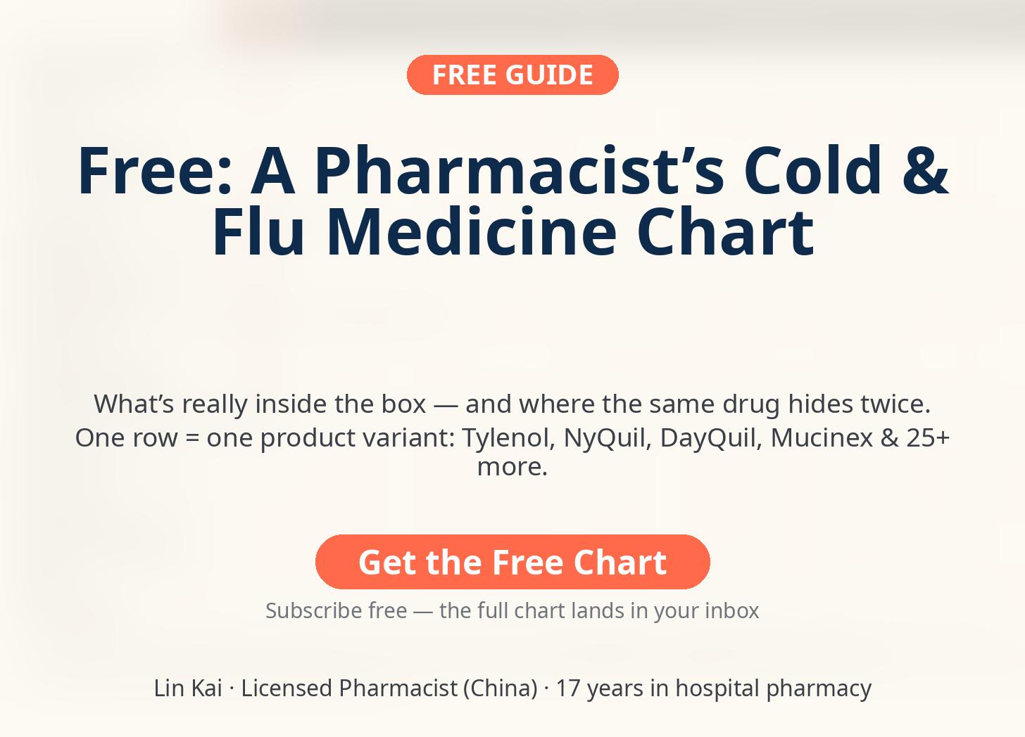Free lead-magnet graphic: A Pharmacist's Cold & Flu Medicine Chart by Lin Kai, Licensed Pharmacist (China). Cream background with blurred ingredient-matrix chart, free-guide badge, and subscribe call-to-action button.